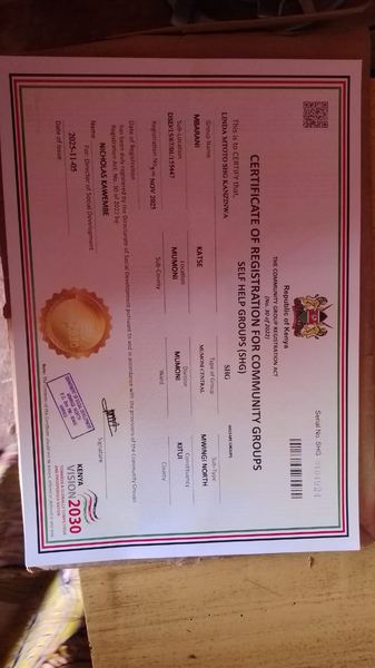 Certificate of registration for Linda Mtoto Self-Help Group